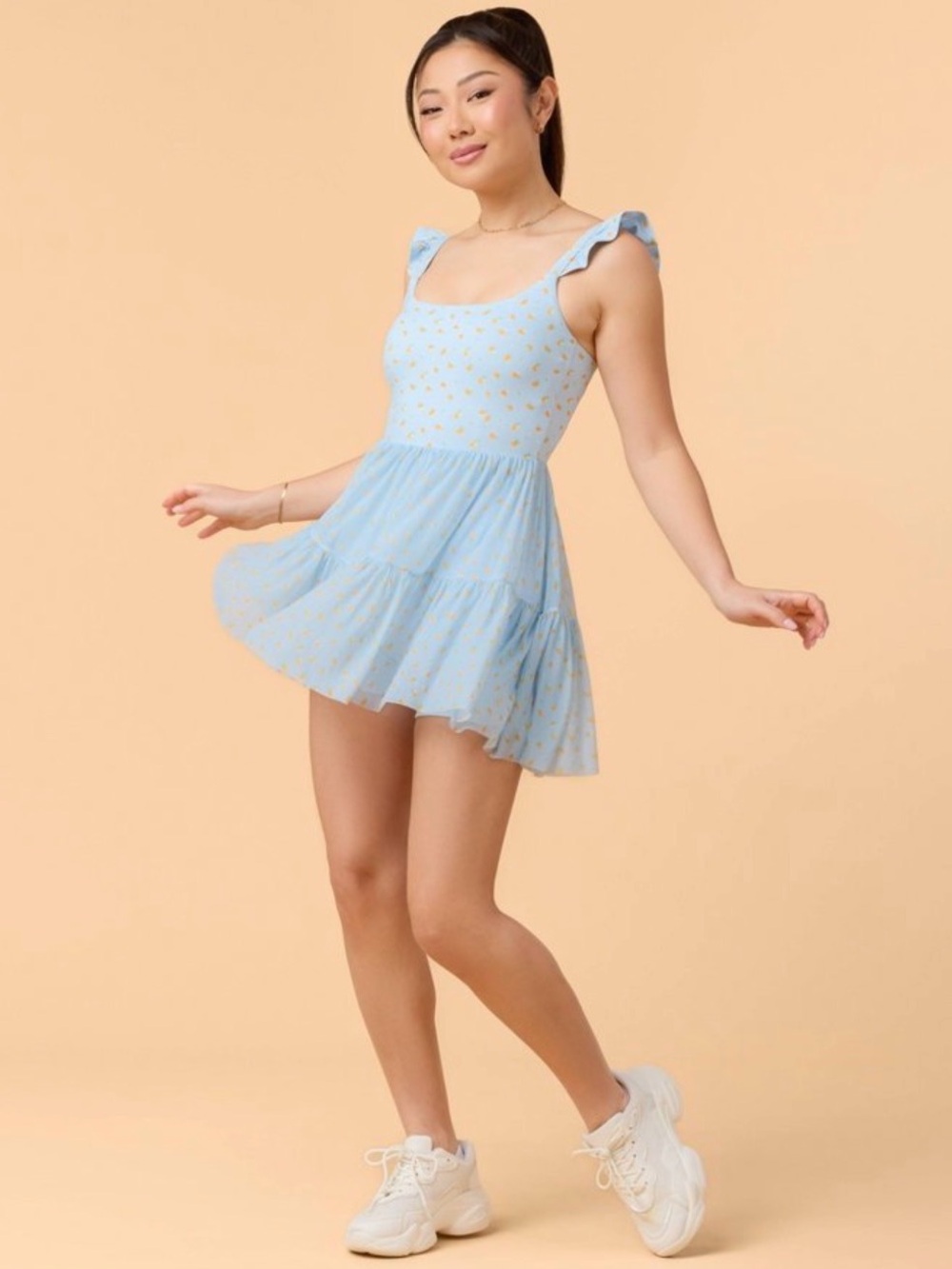 Blogilates Women's Ballerina Ruffle Dress - Light Blue Citrus Orange Print - Picture 5 of 8